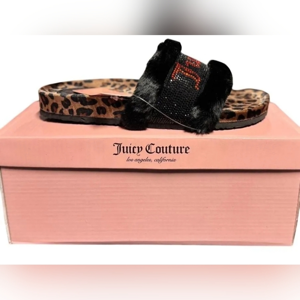 Juicy Animal Faux Fur Print Bling Logo Sandal Slide NWT - Picture 4 of 6